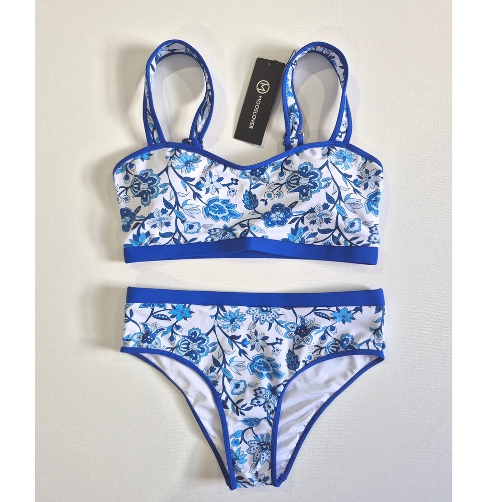 Mooslover Floral Bikini Set Blue White High Waist Swimsuit NWT Size Medium